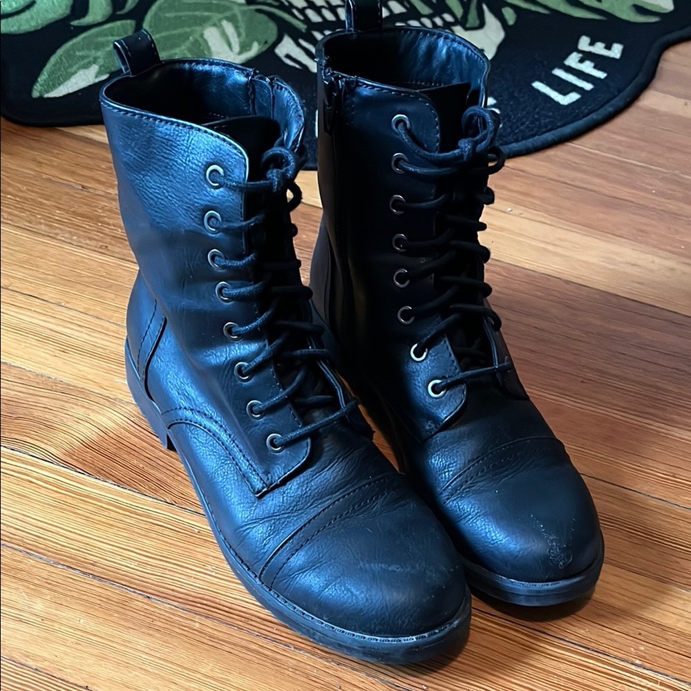 Black Leather Lace-Up Combat Boots